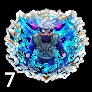May include: A die-cut sticker featuring an anime character with spiky silver hair, a dark face mask, and red eyes. The character wears a tactical vest over a blue long-sleeve shirt, surrounded by vibrant blue energy effects and a dark background.