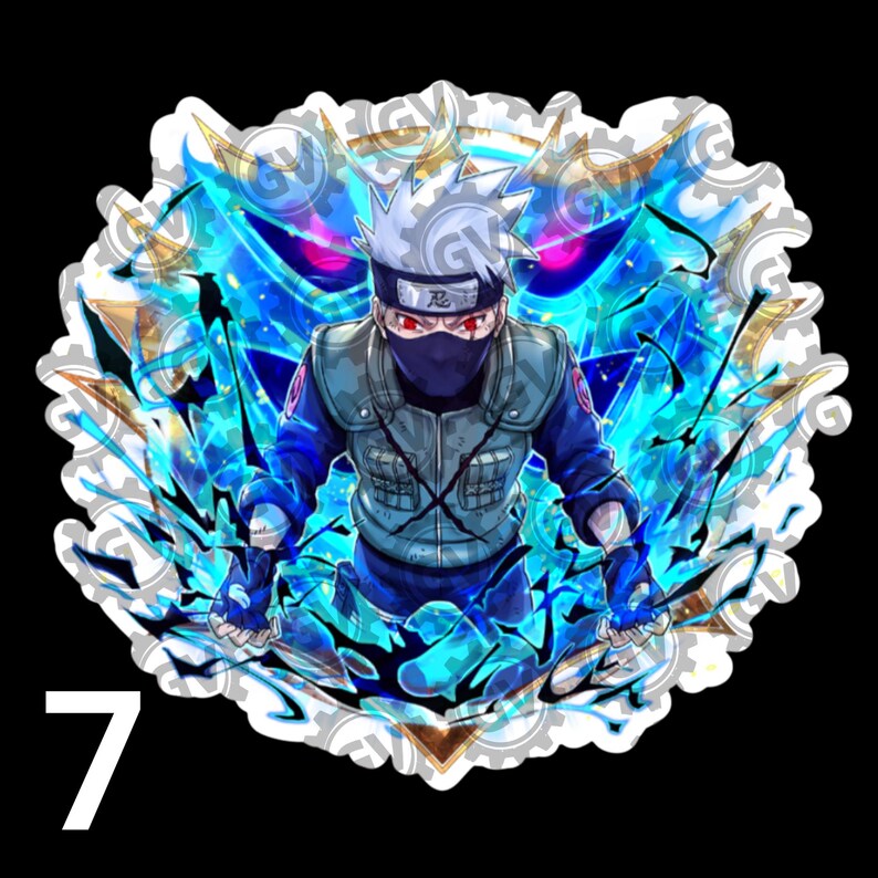 May include: A die-cut sticker featuring an anime character with spiky silver hair, a dark face mask, and red eyes. The character wears a tactical vest over a blue long-sleeve shirt, surrounded by vibrant blue energy effects and a dark background.