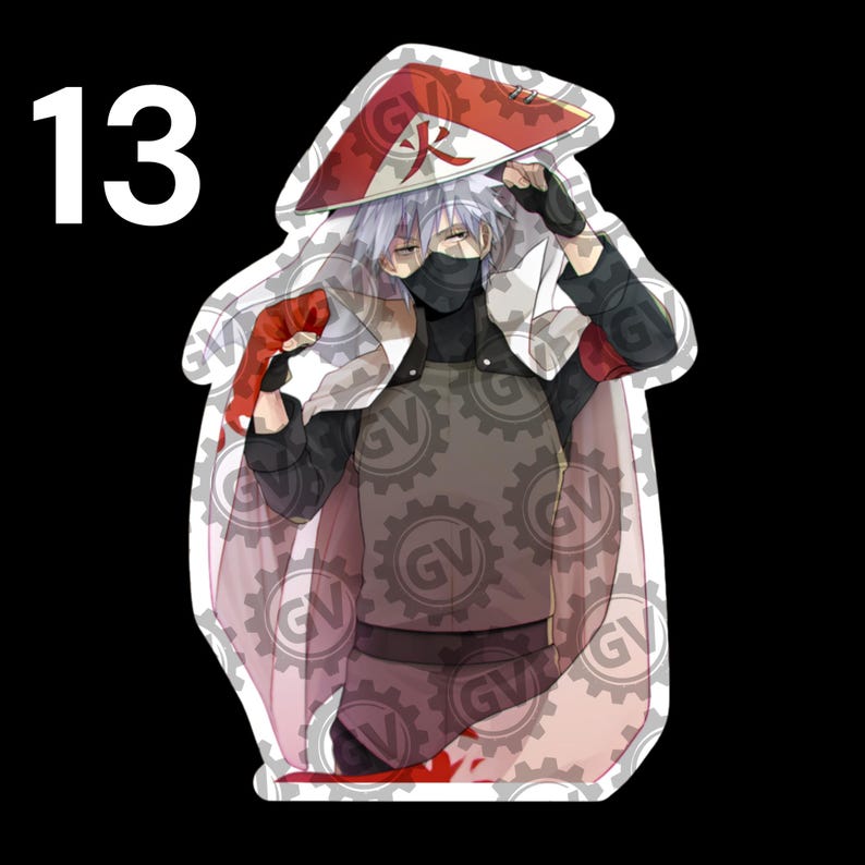 May include: A die-cut sticker featuring an anime character with silver hair, wearing a black face mask, a dark grey tactical vest, and a red and white conical hat with a red kanji symbol. The character is draped in a light pink cloak.