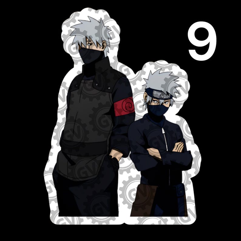 May include: A sticker featuring two anime characters with spiky silver hair and dark face masks. The taller character wears a black jacket with a red armband, while the shorter character wears a black jacket and a headband. The number 9 is visible.