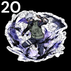 May include: A die-cut sticker featuring an anime character with spiky silver hair, a dark face mask, and a green tactical vest. The character is surrounded by swirling purple and black energy effects, with the number 20 printed in the top corner.