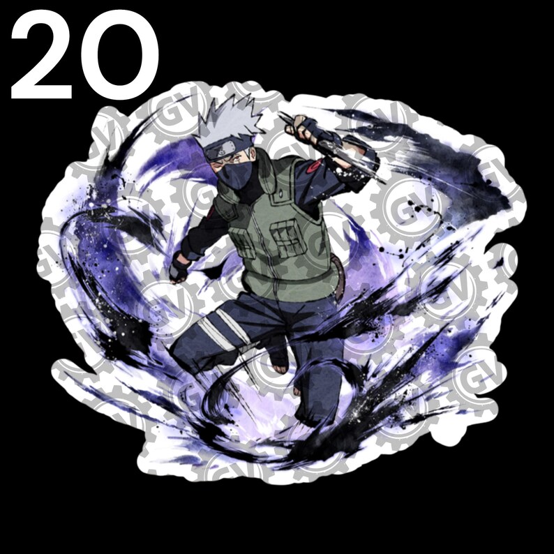 May include: A die-cut sticker featuring an anime character with spiky silver hair, a dark face mask, and a green tactical vest. The character is surrounded by swirling purple and black energy effects, with the number 20 printed in the top corner.