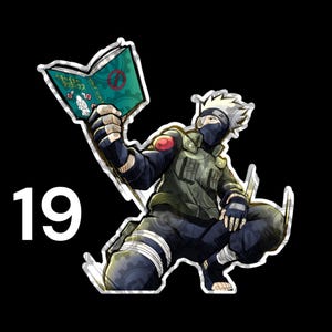 May include: A sticker featuring a silver-haired character in a dark blue and green tactical vest, mask, and gloves, crouching while holding an open teal book with Japanese text and a red circle symbol. The number 19 is displayed to the left.
