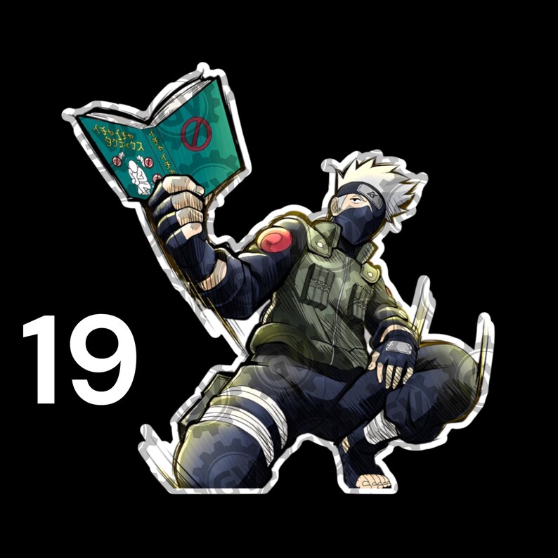 May include: A sticker featuring a silver-haired character in a dark blue and green tactical vest, mask, and gloves, crouching while holding an open teal book with Japanese text and a red circle symbol. The number 19 is displayed to the left.