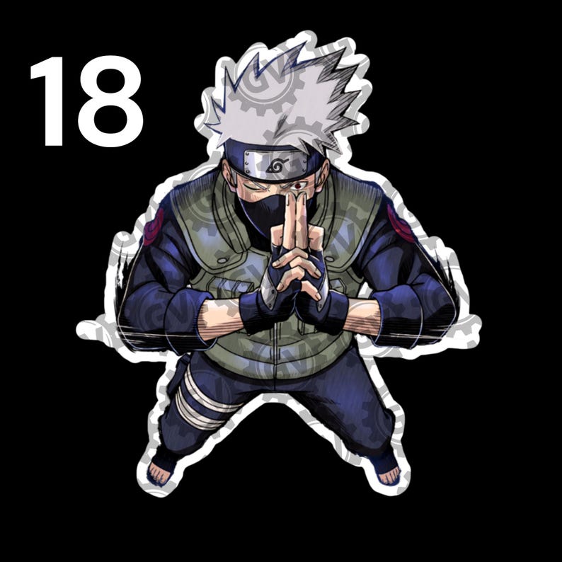 May include: A sticker featuring a character with spiky silver hair, a black face mask, and a headband with a leaf symbol. The character wears a dark blue long-sleeved shirt, a green tactical vest, and dark pants, with hands joined in a hand sign.