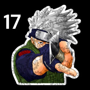 May include: A die-cut sticker featuring a character with spiky silver hair, a dark blue headband with a metal plate, and a face mask covering the nose and mouth. The character wears a green tactical vest and holds a sharp blade pointed forward.