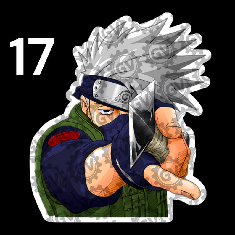May include: A die-cut sticker featuring a character with spiky silver hair, a dark blue headband with a metal plate, and a face mask covering the nose and mouth. The character wears a green tactical vest and holds a sharp blade pointed forward.