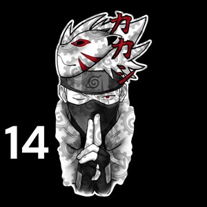 May include: A graphic sticker featuring a stylized character with spiky hair, a mask with red markings, and a black face covering. The character performs a hand sign, and the design includes red Japanese text and a repeating gear pattern background.