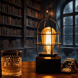 May include: A black metal cage lamp with a glowing Edison-style light bulb, a clear glass tumbler with a geometric pattern, and a small black typewriter model. The lamp features a rounded frame and a solid cylindrical base on a dark surface.