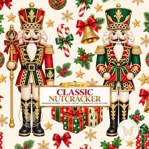 Può includere: Un motivo continuo con due schiaccianoci in uniformi rosse e verdi, dettagli dorati e barbe bianche. Il design include bastoncini di zucchero, campane dorate, fiocchi rossi, agrifoglio e regali. Testo: CLASSIC NUTCRACKER 30,48x30,48 CM.