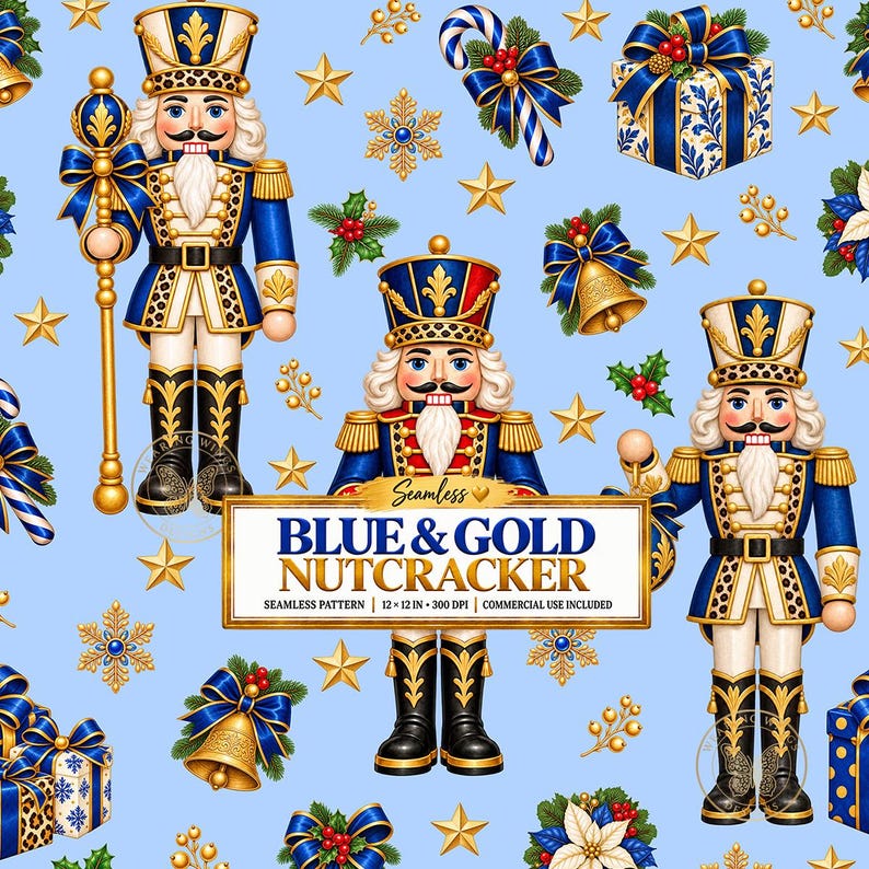 K&ouml;nnte beinhalten: Ein nahtloses Muster auf hellblauem Grund mit Nussknacker-Figuren in blau-goldenen Uniformen, Geschenken, goldenen Glocken, Schneeflocken und Sternen. Ein zentrales Etikett zeigt den Text: Seamless BLUE & GOLD NUTCRACKER.