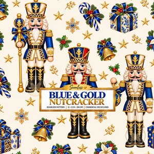 K&ouml;nnte beinhalten: Ein nahtloses Muster mit blau-goldenen Nussknackern, Weihnachtsglocken, Geschenken, Sternen und Schneeflocken auf cremefarbenem Grund. Ein zentrales rechteckiges Etikett zeigt den Text: Seamless BLUE & GOLD NUTCRACKER SEAMLESS PATTERN 12 x 12 IN 300 DPI COMMERCIAL USE INCLUDED.