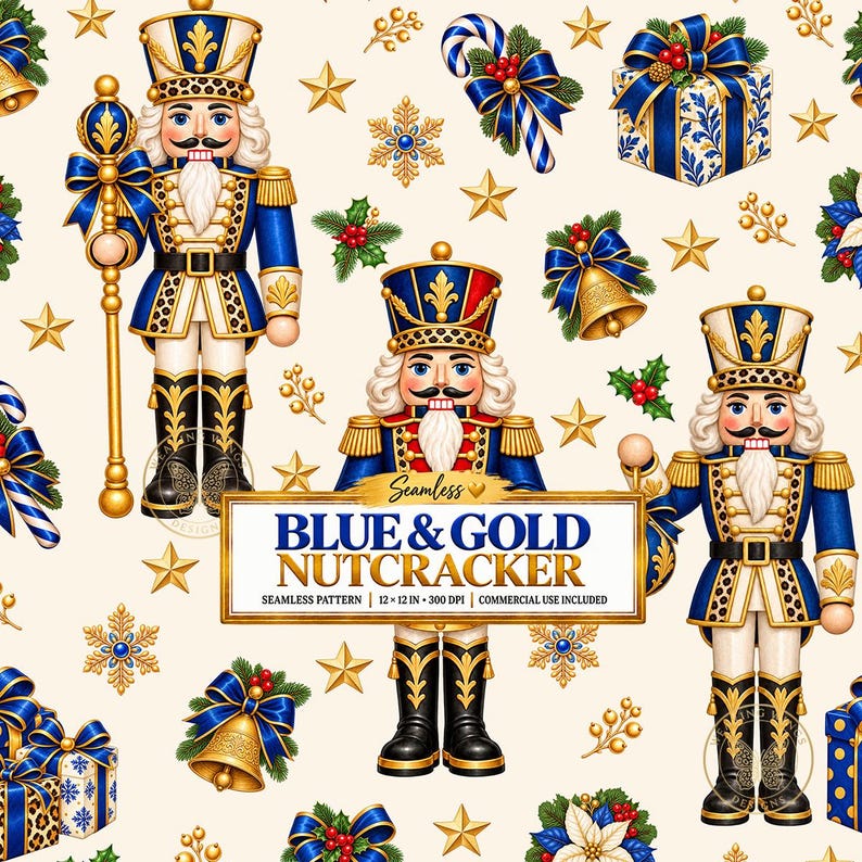 K&ouml;nnte beinhalten: Ein nahtloses Muster mit blau-goldenen Nussknackern, Weihnachtsglocken, Geschenken, Sternen und Schneeflocken auf cremefarbenem Grund. Ein zentrales rechteckiges Etikett zeigt den Text: Seamless BLUE & GOLD NUTCRACKER SEAMLESS PATTERN 12 x 12 IN 300 DPI COMMERCIAL USE INCLUDED.
