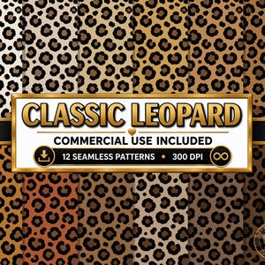 Op de afbeelding: Een digitale collectie van 12 naadloze luipaardpatronen in diverse tinten bruin, beige en crème. Een centraal rechthoekig label met een gouden rand toont de tekst CLASSIC LEOPARD, COMMERCIAL USE INCLUDED, 12 SEAMLESS PATTERNS, 300 DPI.