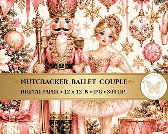 Könnte beinhalten: Ein digitales Papierdesign mit einem Nussknacker und einer Ballerina in rosa und goldener Kleidung, umgeben von Weihnachtsschmuck, Schleifen und Geschenken. Der Text lautet NUTCRACKER BALLET COUPLE, DIGITAL PAPER, 12 x 12 IN, JPG, 300 DPI.