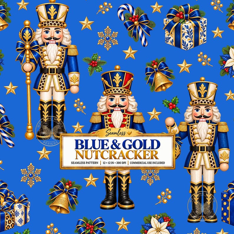 K&ouml;nnte beinhalten: Ein nahtloses Muster auf blauem Grund mit Nussknacker-Figuren in blau-goldenen Uniformen, goldenen Sternen, blau-wei&szlig;en Geschenken, goldenen Glocken und Stechpalmen. Ein zentrales Etikett zeigt BLUE & GOLD NUTCRACKER SEAMLESS PATTERN 12x12 IN 300 DPI.