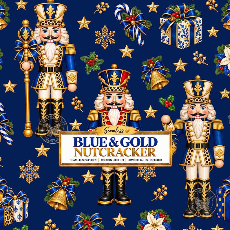 K&ouml;nnte beinhalten: Ein nahtloses Muster auf dunkelblauem Grund mit Nussknacker-Figuren in blau-goldenen Uniformen, goldenen Sternen, Schneeflocken, Geschenken, Glocken und Stechpalmen. Ein zentrales Etikett zeigt: Seamless BLUE & GOLD NUTCRACKER SEAMLESS PATTERN 12 x 12 IN 300 DPI COMMERCIAL USE INCLUDED.