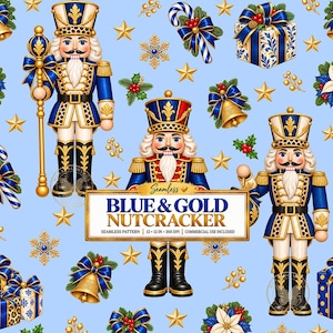 May include: A seamless pattern on a light blue background featuring nutcrackers in blue and gold uniforms, gift boxes, bells, stars, snowflakes, and holly. A central rectangular label displays the text: Seamless BLUE & GOLD NUTCRACKER SEAMLESS PATTERN 12 x 12 IN 300 DPI COMMERCIAL USE INCLUDED.