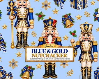 Könnte beinhalten: Ein nahtloses Muster auf hellblauem Grund mit Nussknackern in blau-goldenen Uniformen, Geschenken, Glocken, Sternen, Schneeflocken und Stechpalmen. Ein zentrales Etikett zeigt den Text: Seamless BLUE & GOLD NUTCRACKER SEAMLESS PATTERN 12 x 12 IN 300 DPI COMMERCIAL USE INCLUDED.