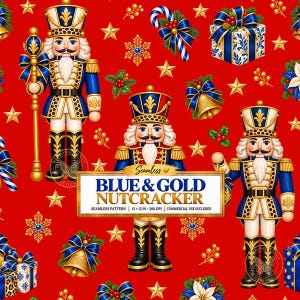 K&ouml;nnte beinhalten: Ein nahtloses Muster auf rotem Grund mit blau-goldenen Nussknackern, Geschenken, Glocken und Sternen. Der Text lautet: Seamless BLUE & GOLD NUTCRACKER SEAMLESS PATTERN | 12 x 12 IN | 300 DPI | COMMERCIAL USE INCLUDED.