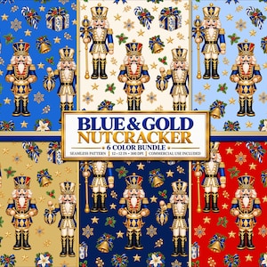 Può includere: Un pacchetto di motivi digitali senza cuciture con sei varianti di figure di schiaccianoci, regali di Natale, campane e stelle. Il testo centrale recita BLUE & GOLD NUTCRACKER 6 COLOR BUNDLE, 12 x 12 IN, 300 DPI, COMMERCIAL USE INCLUDED.