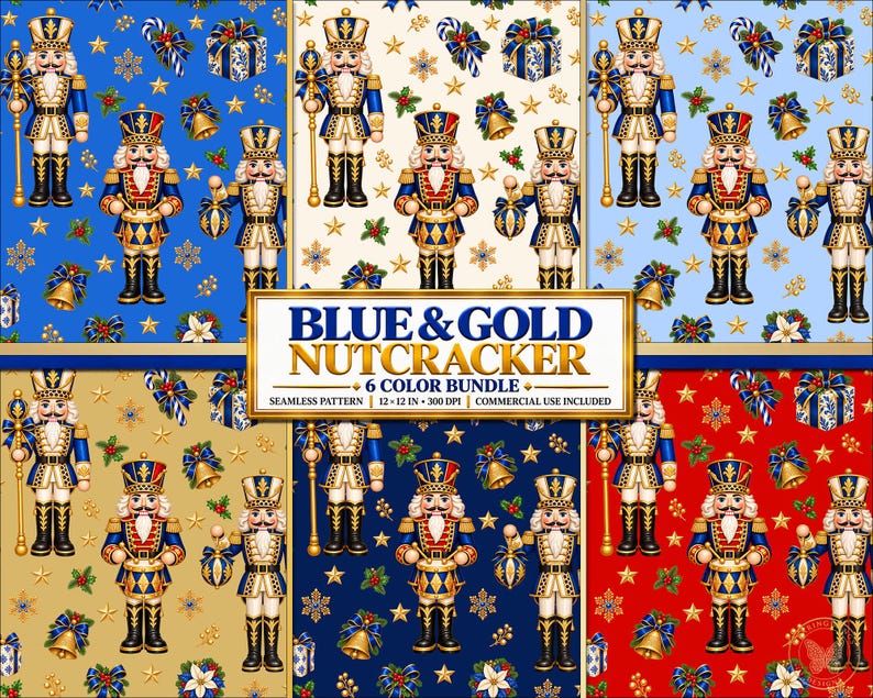 K&ouml;nnte beinhalten: Ein digitales nahtloses Musterpaket mit sechs Variationen von Nussknackerfiguren, Weihnachtsgeschenken, Glocken und Sternen. Der zentrale Text lautet BLUE & GOLD NUTCRACKER 6 COLOR BUNDLE, 12 x 12 IN, 300 DPI, COMMERCIAL USE INCLUDED.