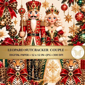 Digitales Papier mit Leoparden-Nussknacker-Paar, Weihnachts-Wandbild mit Leopardenmotiv, Klassischer Nussknacker-Leopardendruck, Scrapbook mit Leoparden-Nussknackermotiv