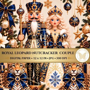Blue Nutcracker Couple Digital Paper, Blue Christmas Printable, Royal Nutcracker with Leopard for Scrapbook, Wall art, Deco, crafts, Commerc