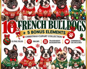 Könnte beinhalten: Eine digitale Sammlung von 10 Illustrationen französischer Bulldoggen in Weihnachtspullovern, Weihnachtsmannmützen und Rentiergeweihen, ergänzt durch 5 Bonus-Elemente wie Ornamente, Stechpalmen und Schneeflocken, mit dem Text 10 FRENCH BULLDOGS.