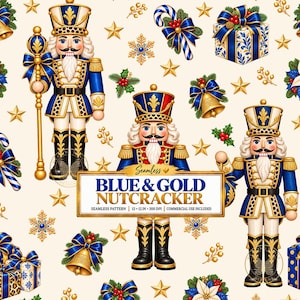 Può includere: Un motivo continuo con schiaccianoci blu e oro, campane natalizie, regali, stelle e fiocchi di neve su sfondo crema. Un'etichetta rettangolare centrale mostra il testo: Seamless BLUE & GOLD NUTCRACKER SEAMLESS PATTERN 12 x 12 IN 300 DPI COMMERCIAL USE INCLUDED.