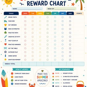 May include: A Summer Routine & Reward Chart featuring a grid for daily tasks like brush teeth, make bed, and read 20 minutes. It includes sections for name, week of, points, how it works, and my rewards, decorated with a sun, palm tree, and surfboard.