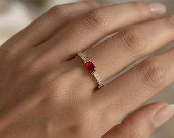 Dainty Baguette Birthstone Ring – 14K Gold Plated Non-Tarnish Eternity Band