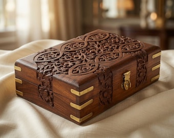 Carved Wooden Jewelry Box, Antique Engraved Keepsake Storage Chest