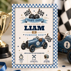 Race Car First Birthday Invitation, Fast One Racing Car First Birthday, Vintage Blue Racing Theme, Instant Download