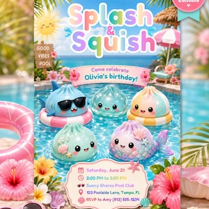 Może przedstawiać: Zaproszenie urodzinowe z tekstem Splash & Squish, Come celebrate Olivia's birthday oraz szczegółami wydarzenia: sobota, 21 czerwca, 14:00-17:00, Sunny Shores Pool Club, 123 Poolside Lane, Tampa, FL, RSVP do Amy (813) 555-1234.