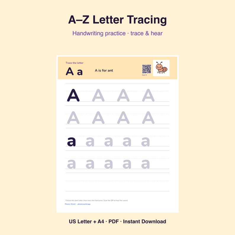 A-Z Letter Tracing Printable | Handwriting Practice, Trace & Hear Phonics (Digital Download) Bild 1