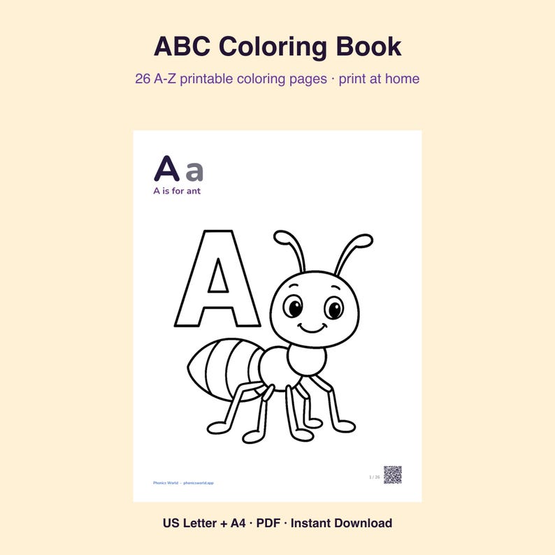 ABC Coloring Book | 26 A-Z Letter Pages, Preschool Learning (PDF Download) image 1