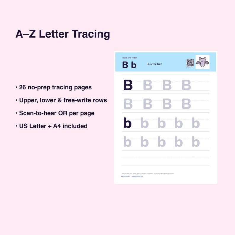 A-Z Letter Tracing Printable | Handwriting Practice, Trace & Hear Phonics (Digital Download) Bild 3