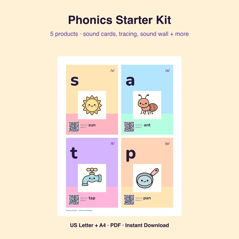 Phonics Starter Kit | Sound Cards, Tracing, CVC Worksheets (Digital Download) image 1