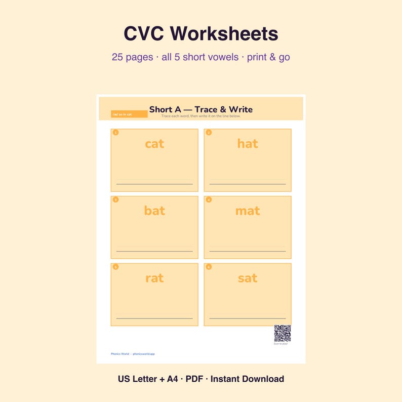 CVC Worksheets | Short Vowel Phonics Practice (Digital Download) image 1