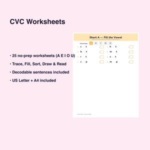 CVC Worksheets | Short Vowel Phonics Practice (Digital Download) image 3