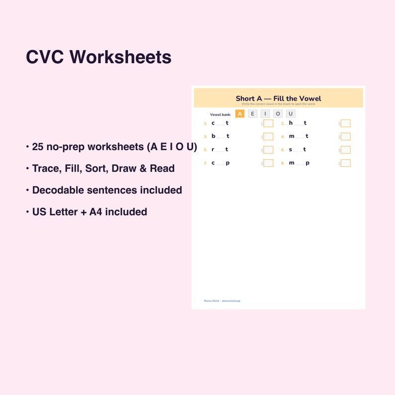 CVC Worksheets | Short Vowel Phonics Practice (Digital Download) image 3