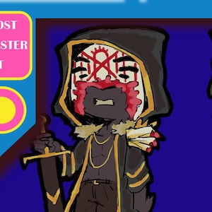 Peut inclure: Une illustration numérique de porte-clés représentant un personnage en cape noire à capuche avec bordure dorée, un masque blanc à motifs rouges et une épée. Le design montre des vues avant et arrière avec le texte GHOST TOASTER ART, KEYCHAIN, et VESSEL (SLEEP TOKEN).
