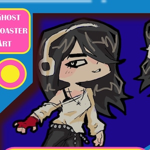 May include: A digital illustration of a character with black hair and headphones, wearing a white long-sleeve shirt, black pants, and red fingerless gloves. The image includes the text Ghost Toaster Art, KEYCHAIN, and UNDER-SCORES on a blue background.