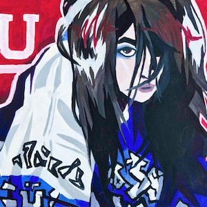 May include: A stylised acrylic painting on canvas featuring a person with dark, messy hair against a vibrant red background. The figure wears a blue and white garment with bold, black graphic lettering. The letter U is visible in the top left corner.