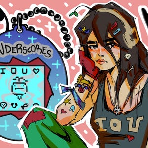 May include: A digital illustration featuring a blue virtual pet device labeled UNDERSCORES with an IOU screen display, alongside a character with dark hair, wearing a black tank top with IOU text, green pants, and various colorful stickers on arms.