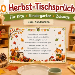 Può includere: Un cartello rettangolare stampabile con il testo 30 Herbst-Tischsprüche, Für Kita, Kindergarten, Zuhause, Zum Ausdrucken e una poesia tedesca sull'autunno. Il design include illustrazioni di uno scoiattolo, un riccio, una volpe e foglie colorate.