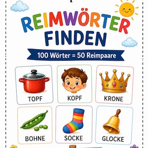 Puede incluir: Una tarjeta educativa blanca titulada Kompassino REIMWÖRTER FINDEN 100 Wörter = 50 Reimpaare. Presenta seis ilustraciones con etiquetas: una olla roja (TOPF), una cabeza de niño (KOPF), una corona dorada (KRONE), guisantes verdes (BOHNE), un calcetín a rayas (SOCKE) y una campana (GLOCKE).