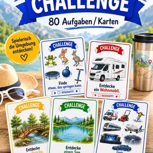 Może przedstawiać: Zestaw kart Reise Challenge zawierający 80 zadań z ilustracjami żaby, królika, kangura, trampoliny, odważnika kettlebell, pogo sticka, kampera, mostu, jeziora, karetki, kosiarki, młota pneumatycznego, pociągu, samolotu i samochodu.