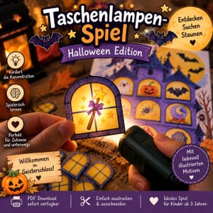 Op de afbeelding: Een Halloween-editie zaklamp-spel met een paars spookhuis-bord en diverse griezelige iconen. De set bevat uitgesneden raamkaarten met ontwerpen zoals een toverstaf, die worden verlicht door een zwarte zaklamp om verborgen details te onthullen.